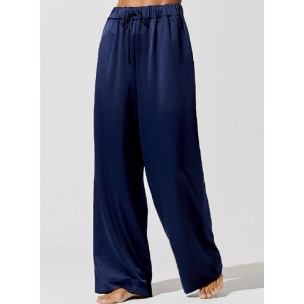 Carbon38 Satin Wide Leg Pant High Rise Pull On Elastic Waist Navy Blue Size Smal